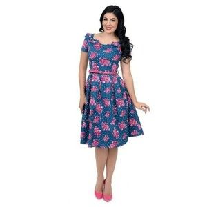 LINDY BOP Teal Floral Polka Dot Tea Dress Size M Fit & Flare Stretch Retro PinUp